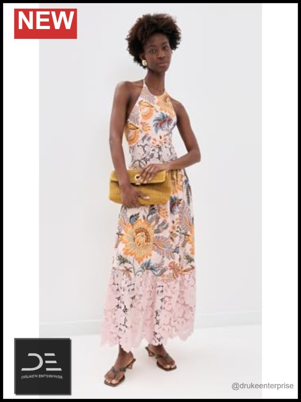 Linen Maxi Dress with Lace Details Halter Beaded Straps - Picture 4 of 5